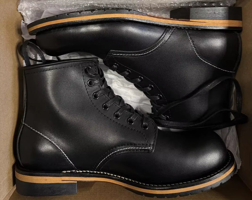 Vintage High Quality Handmade Men Boots Goodyear-Welted Cow Leather round Toe Wedge Ankle Boots Tooling Motorcycle Boots