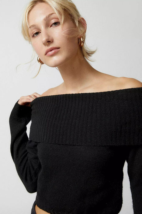 Top Solid Color One Word Collar Flip Collar Off Shoulder