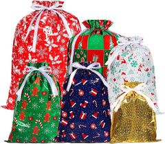 13Pcs Christmas Drawstring Gift Bags, Xmas Wrapping Bags with 6 Patterns Design, 4 Sizes Large Multipack Gift Bags, Reusable Candy Bag with String for Christmas Presents Birthday Party