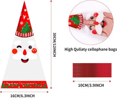 100 Pack Christmas Sweet Cone Bags, Clear Cellophane Candy Treat Bags with 100 Red Twist Ties, 16 X 30Cm/6.3 X 12 Inches, Christmas Occasion