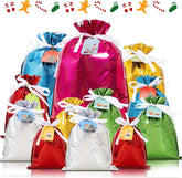 Christmas Drawstring Gift Bags, Xmas Wrapping Bags with Tags, Reusable Large Solid Color Foil Xmas Tie Bags for Christmas New Year Winter Party, 12Pcs