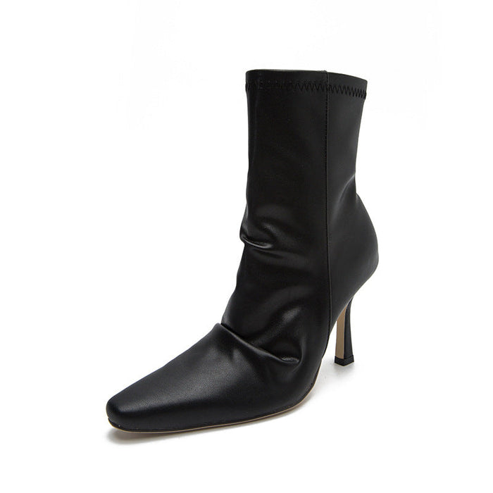New Fine With Pleated Short Boots Female Mid-Thigh