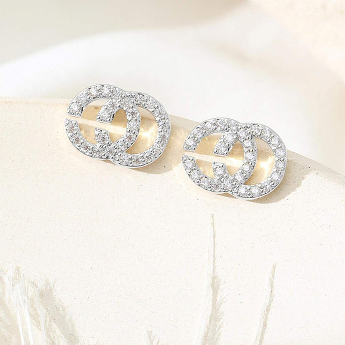 925 Sterling Silver Korean Sparkling Crystal English Letter Double C Stud Earrings Women Girl Sweet Jewelry-Silver