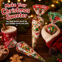 100Pcs Christmas Sweet Cone Bags, 13X25Cm Triangle Candy Bags for Xmas