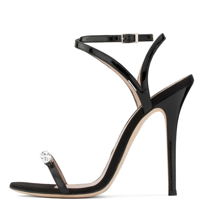 Womens Black One Line With Rhinestone Heels