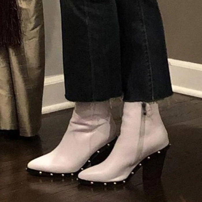 White Black Pointed Square Root Women's Ankle Boots