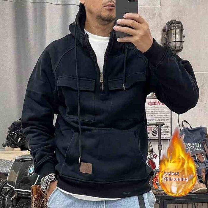 Retro Tough Guy Zipper Fleece-lined Thickened Work Clothes Motorcycle Hooded Jacket