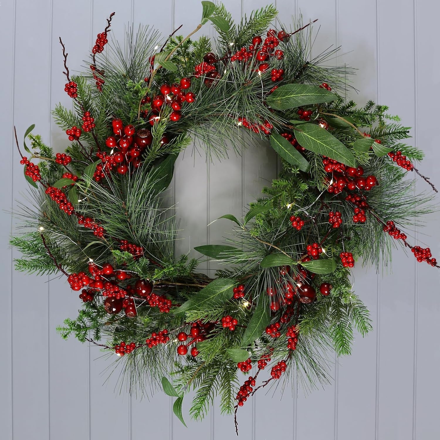 Red Berries Christmas Wreath Light up Pine Spruce Branches Rattan Twigs 60Cm