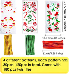 120 Pieces Christmas Cellophane Bags Xmas Gift/Goodies Treat Bags with 180 Pieces Twist Ties