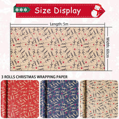 3 X 5M Christmas Wrapping Paper, 60Cm Wide X 5M Length Recyclable