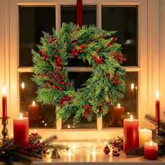 Large Christmas Wreath for Front Door 60 Cm (24 Inches), Artificial Fir Wreath with Red Berries, Pine Cones & Bow, Classic Advent Wreath for Wall & Door Decoration