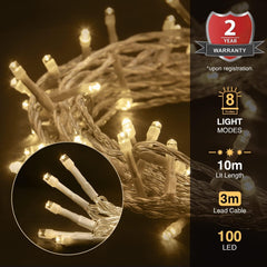 Christmas Lights 100 LED 10M, Warm White, Mains Powered Clear Cable