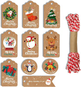 50 Pcs Christmas Tags for Present, 10 Styles Christmas Labels with Holes, Hanging Xmas Gift Tags with String for Decorating Christmas Trees or Gift Packaging