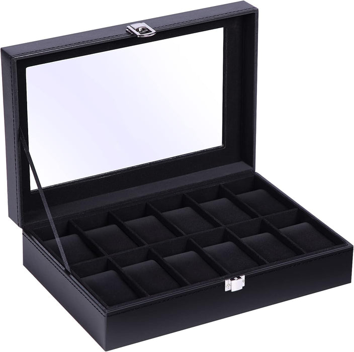 Watch Box with 12 Slots, Watch Case with Glass Lid, PU Leather Watch Holder with Velvet Pillows, Watch Storage Box for Men and Women, Gift Idea for Birthday Father'S Day Christmas