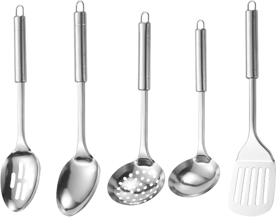 5Pcs Stainless Steel Kitchen Utensils Set Heat Resistant Cooking Utensil, Easy to Clean Non Stick Cooking Set, Includes Ladle,Slotted Turner,Skimmer,Slotted Spoon, Solid Spoon