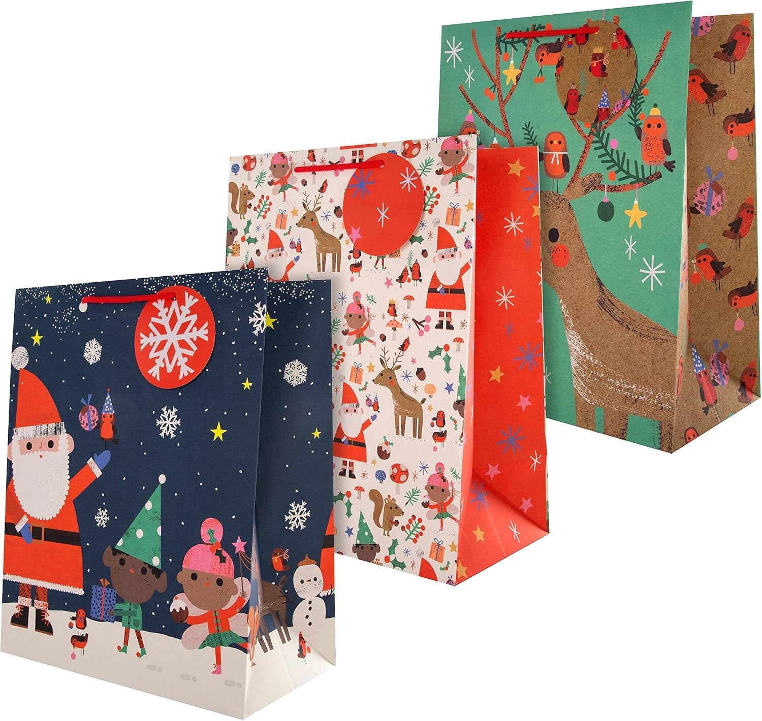 Gift Bags, Santa & Reindeer Designs, Large, 3-Pack, Christmas