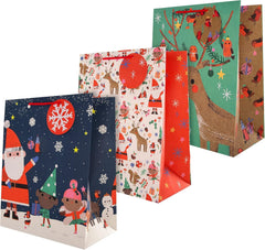 Gift Bags, Santa & Reindeer Designs, Large, 3-Pack, Christmas