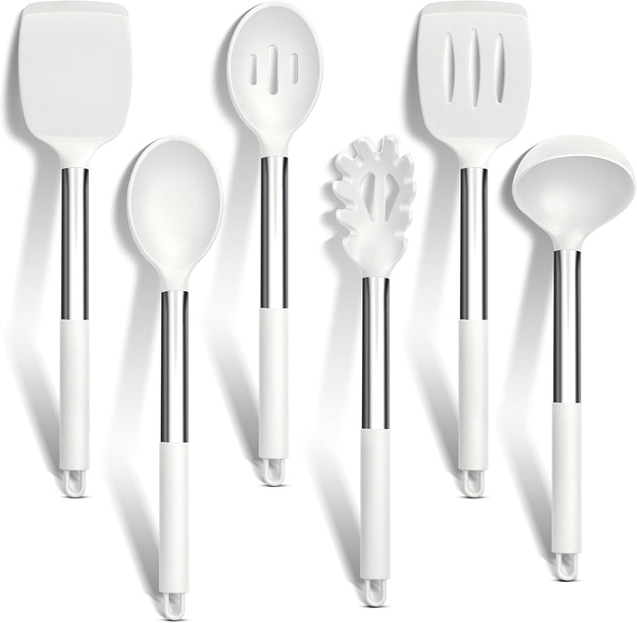 Kitchen Utensils Set, 6 Pcs Silicone White Cooking Utensils Include Ladle Turner Spoon Pasta Server, Heat Resistant Kitchen Tools with Stainless Steel Handle, Non-Stick Cookware Friendly