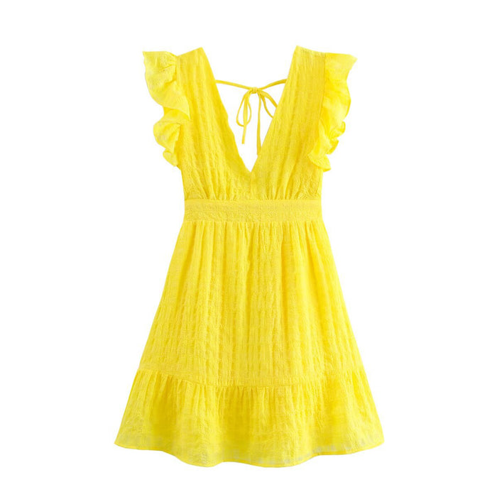 Summer fashion V-neck sleeveless solid color lace up short dress