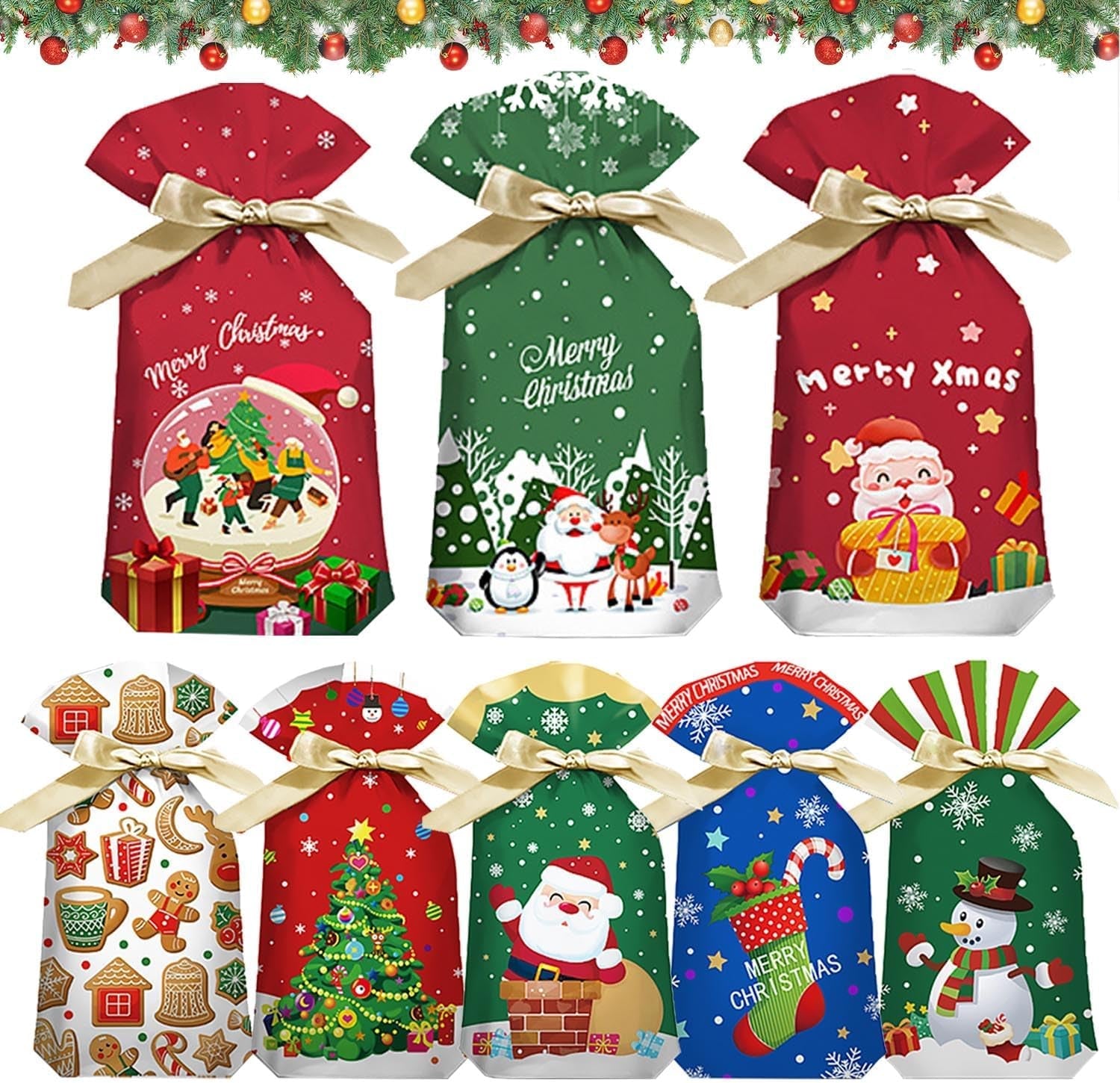 Christmas Drawstring Bags Set - 36 PCS Assorted Xmas Gift Bags in Multipack, Variety of Sizes & Patterns for Christmas Presents & Party