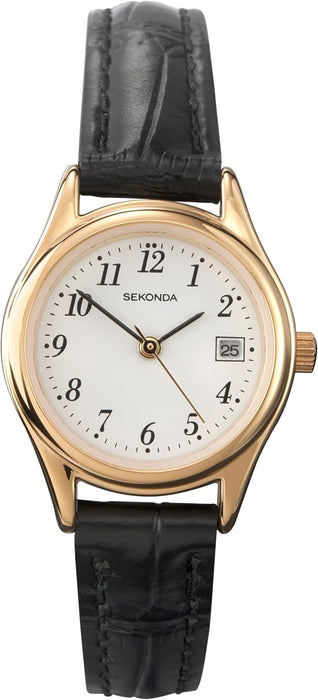 Womens 27Mm Robinson Analogue 3 Hand Classic Quartz Watch Gold Case with White Dial Date Window and Black Leather Strap 30M Water Resistant