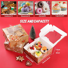 12Pcs Christmas Cup Cake Boxes, 16 * 16 * 7.5Cm Gift Boxes with Window+Rope+Gift Tag Gift Box Baking Packaging Christmas Tree Santa Claus DIY Snack Candy Cookies Food Box for Xmas Party Bakery