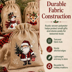 Christmas Drawstring Gift Bags-Santa & Reindeer Polyester Pouches,5Pc