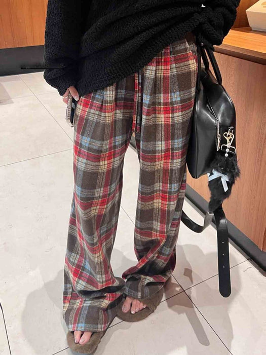 Autumn And Winter Leisure Plaid Wide-leg Trousers