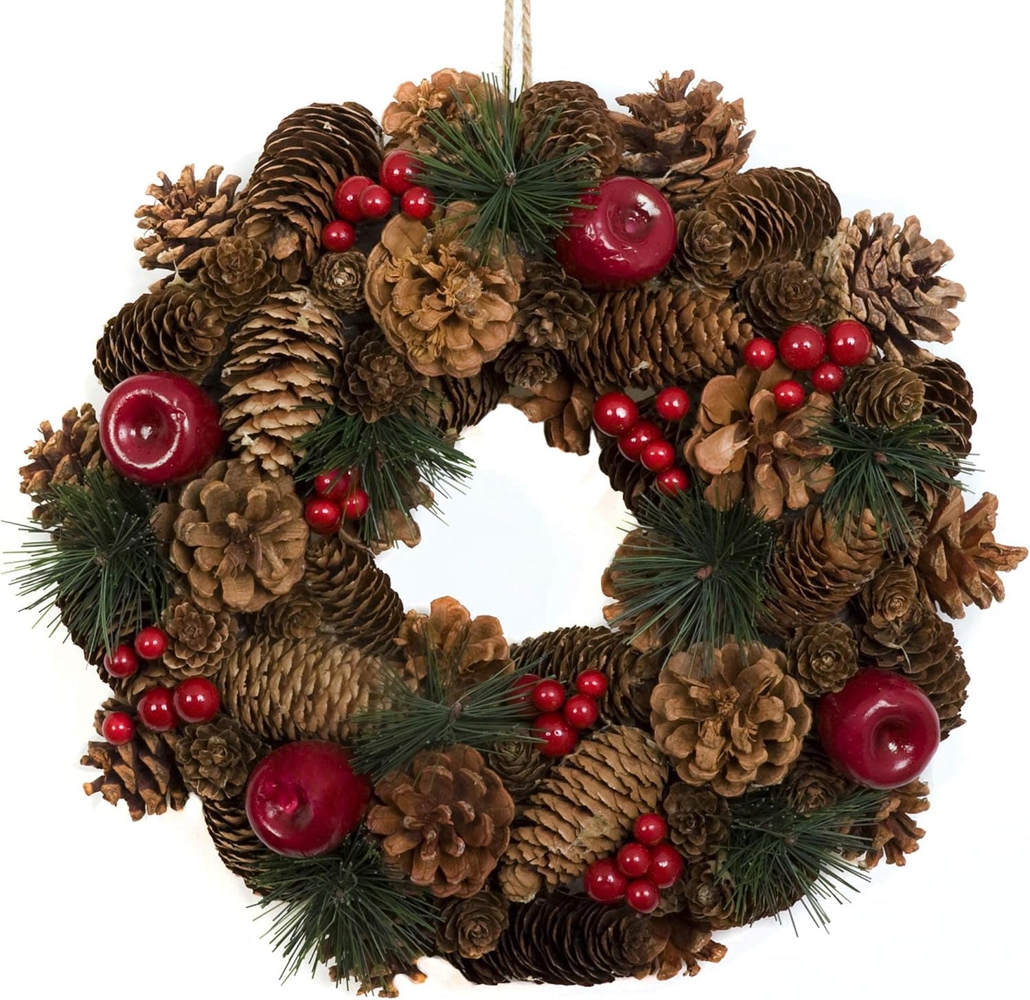 Christmas Hanging Wreath 32Cm- Festive Pine Cone Display with Red Berries, D1224