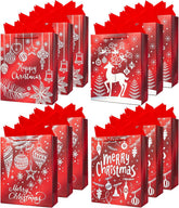 12Pack Medium Christmas Gift Bags,Red,4 Design,18 X 23 X 10CM
