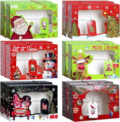 12Pcs Christmas Cookie Box 22X15X7 CM, 6 Designs Xmas Treat Gift Box with Clear Window Ribbon Tag, Christmas Cupcake Cookies Pastries Brownies Donuts Box Holiday Party Supply Gift Giving