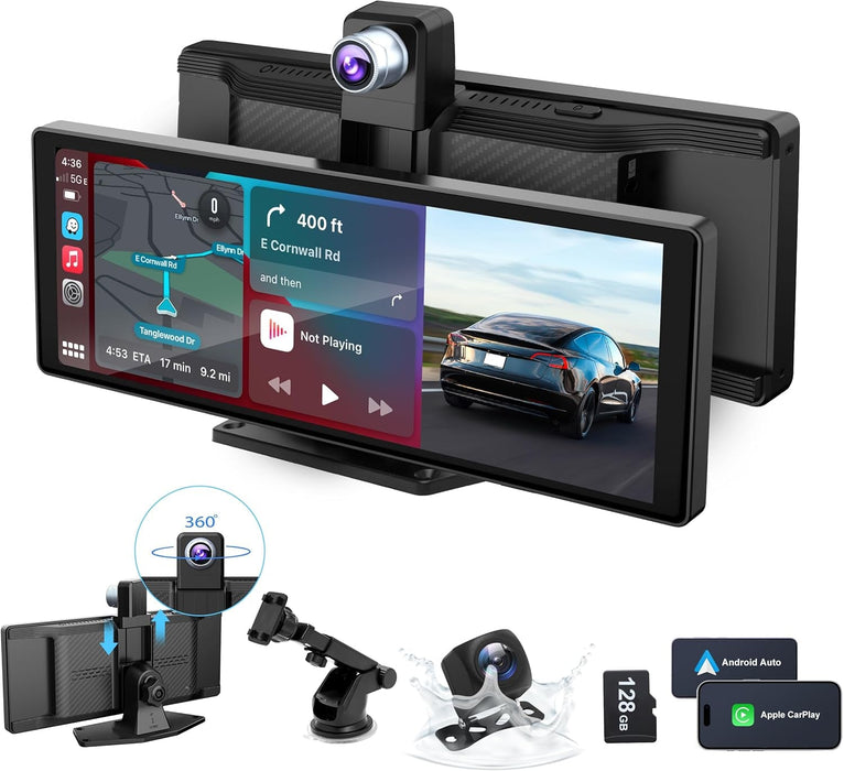 Portable Car Stereo,For Wireless Apple Carplay & Android Auto,10.26 Inch 1080P HD Touch Screen Radio with BT 5.0, Mirror Link Support Truck RV Dash Mount (10.26 Inch+Dual - Camera)