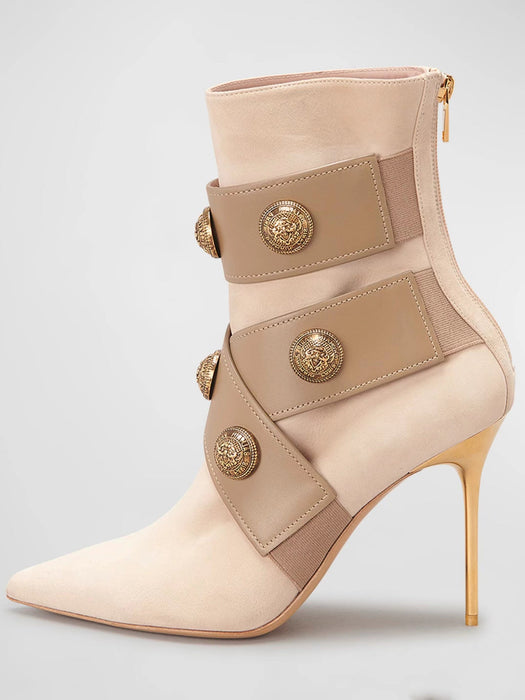 Gold Round Badge Short Boots Pointed Toe Metal Stiletto Heels