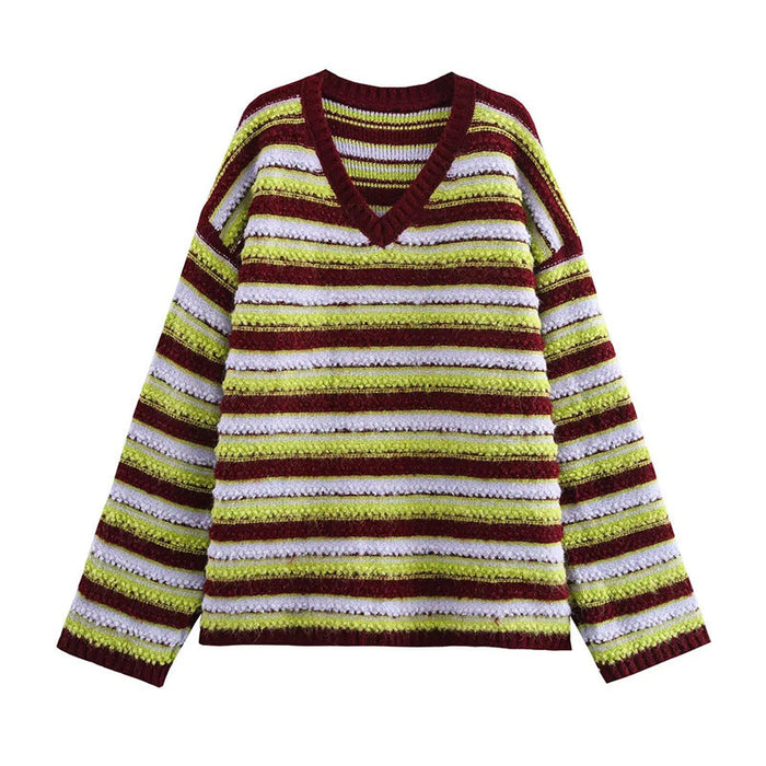Retro loose lazy contrasting striped looped sweater
