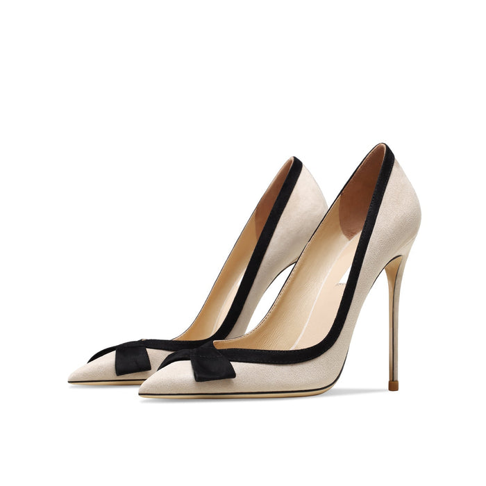 Leather Apricot Bowknot Suede High Heel