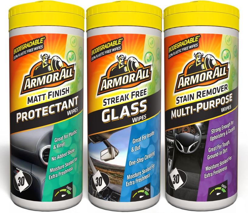 , Car Interior Cleaning Wipes, Triple Pack for Dashboard, Glass & All around Interior, 90 Biodegradable Wipes (Set of 3X30 Plastic Free Wipes), Ideal for Car Detailing, Made in the UK