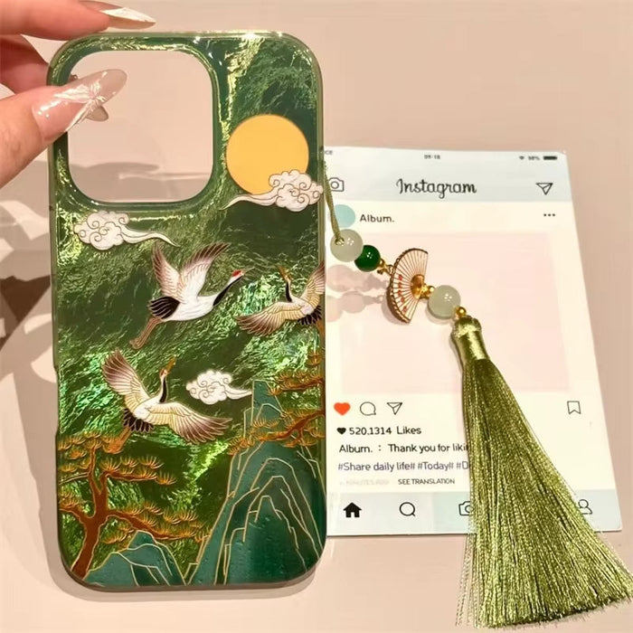 Vortex Pattern High Mountain Auspicious Cloud Crane Phone Case with Ancient Fan Tassel for Iphone 11 12 13 14 15 16 Pro Max