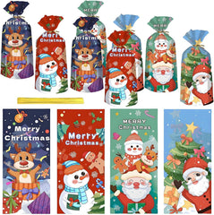 50Pcs Christmas Cellophane Candy Bags,Santa Snowman Elk Xmas Sweets Bag Loot Cookie Snack Treat Bag with Twist Tie,Wonder Wrap Gift Bag for Christmas Party Favor Supplies