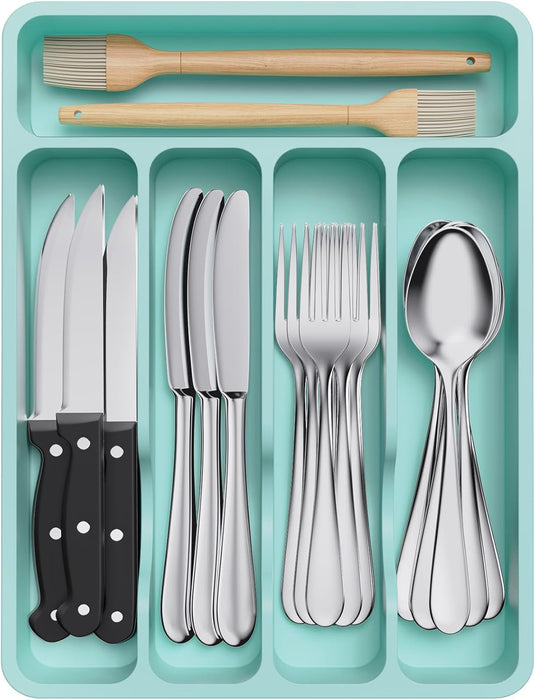 Cutlery Drawer Organiser, Plastic Cutlery Tray for Kitchen Drawer, Utensil Flatware Silverware Holder Divider for Spoons Forks Knives Tableware, 5 Compartment, Turquoise