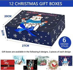 12Pcs Christmas Boxes Gift Boxes with Lids, 27CM X 20CM X 8CM Christmas Kraft Paper Gift Box Christma Theme Pattern Box with Multicolor Ribbon for Christma Party Present Packaging