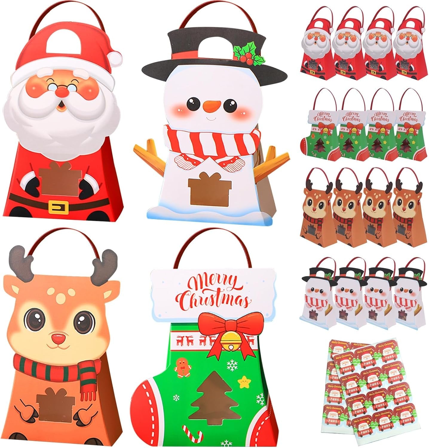 30 PCS Gift Bags with Handles for Christmas, Paper Candy Treat Boxes with Window,Xmas Party Goodie Treat Bags with Stickers for Kids Winter Birthday,Christmas Party Favor Supplies
