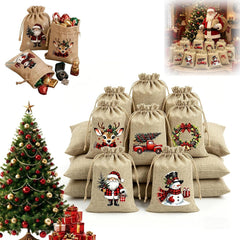 Christmas Drawstring Gift Bags-Santa & Reindeer Polyester Pouches,5Pc