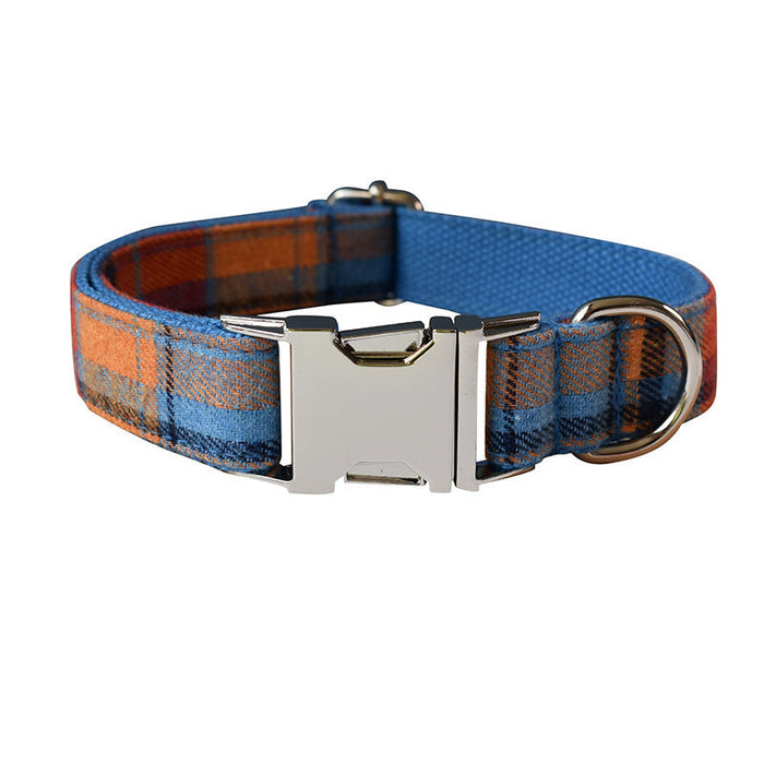 Blue Background Velvet Plaid Pet Dog Collar Alloy Buckle