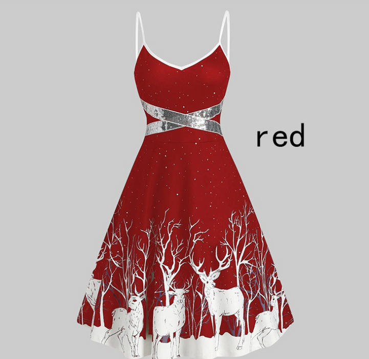 Women's Christmas white deer dress with A-line tie