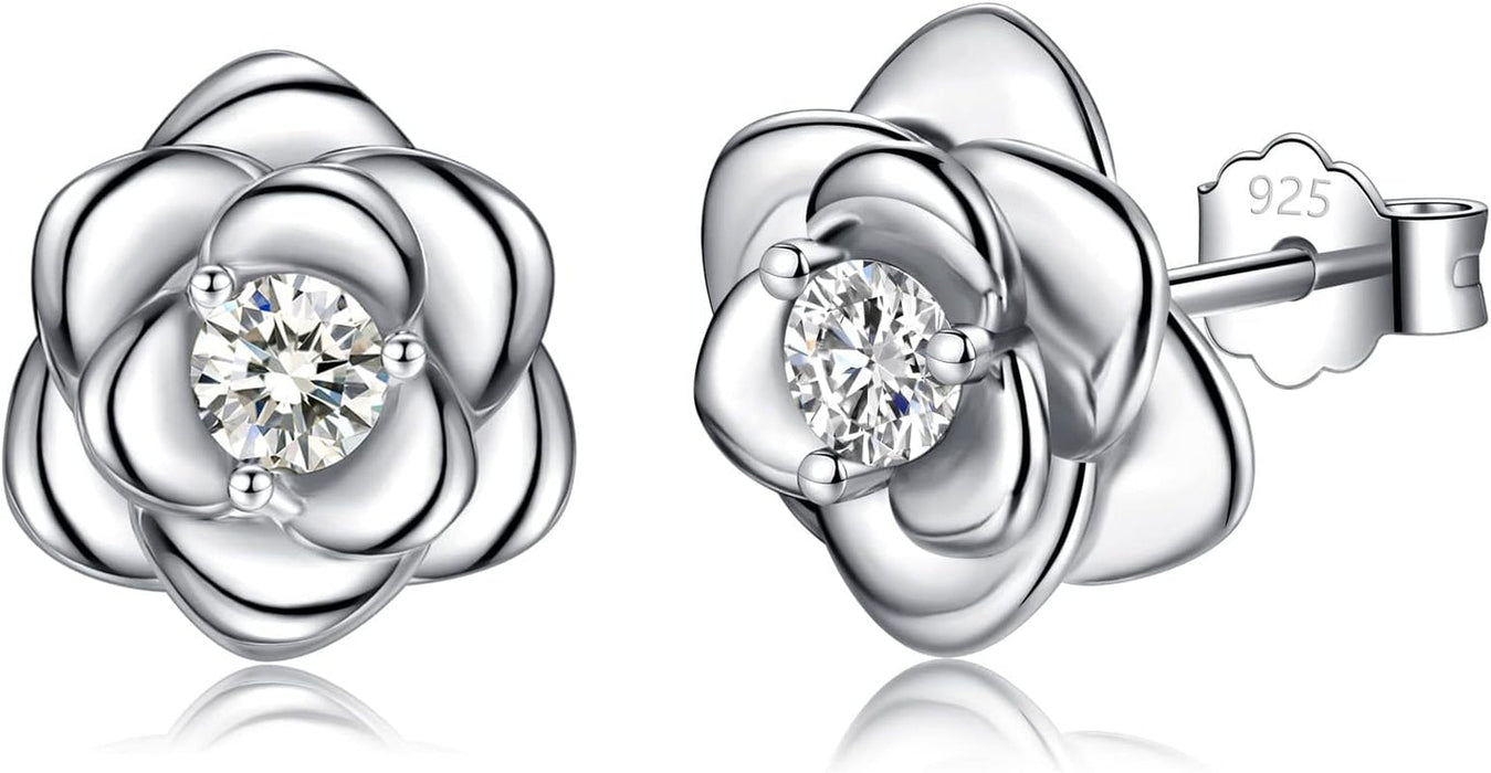 Sterling Silver Stud Earrings for Women, Silver Flower Cubic Zirconia Hypoallergenic Helix Cartilage Earrings Jewelry Gifts for Girls (Silver, Gold, Rose Gold)