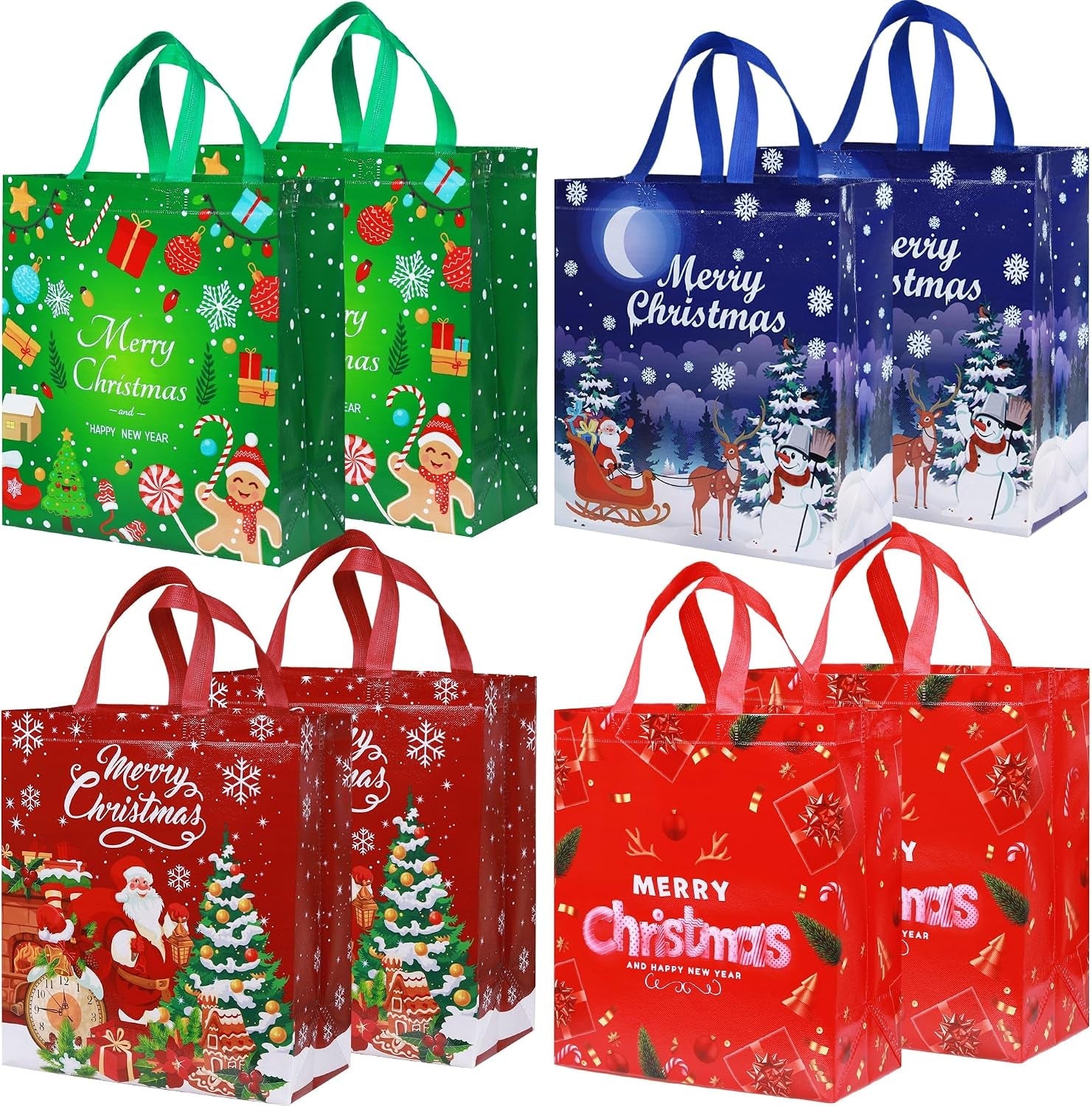 8PCS Large Christmas Tote Bags, Reusable Xmas Tote Bags Waterproof Christmas Presents Bags, Multifunctional Non-Woven Christ-Mas Bags for Xmas Gift Wrapping Shopping Party Supplies
