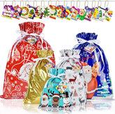 15-Piece Christmas Drawstring Gift Bags with Tags, 5 Designs, 4 Sizes - X-Large, Large, Medium, Small - Holiday Present Goody Bags for Xmas Party