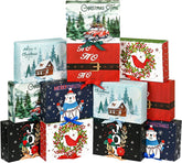 12Pcs Christmas Boxes Gift Boxes with Lids, 27CM X 20CM X 8CM Christmas Kraft Paper Gift Box Christma Theme Pattern Box with Multicolor Ribbon for Christma Party Present Packaging