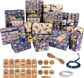 15 Sheets Christmas Gifts Wrapping Papers Set with Tags Twine Ribbon Tape, Blue Recyclable Xmas Gift Wrap Paper for Kids Children Adults Christmas Arts Crafts Present Decorations, 50 X 70Cm