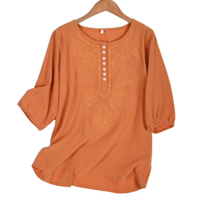 Artistic Retro Loose Design Embroidered Crew Neck Thin Cotton And Linen Women's Top